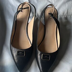 Coach Black Leather Pointed-Toe Slingback Heels with Gold Plaque